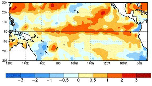 Anomalías de la temperatura de la superficie del océano (°C) a inicios de marzo/NOAA.