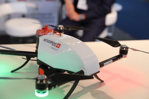 Dron exhibido en la Exposición Mundial de Tecnología Meteorológica 2018.