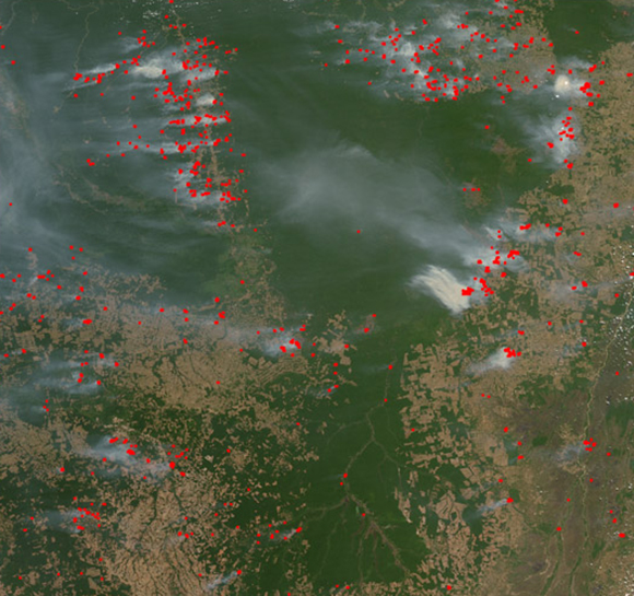 Los incendios han afectado a la Amazonía brasileña por años, y se expanden alrededor de los claros que deja la deforestación. Imagen: NASA.
