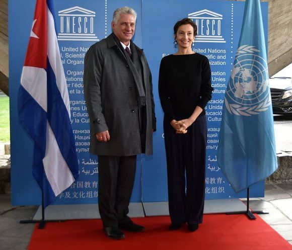 Díaz-Canel fue recibido en la UNESCO por su Directora General Audrey Azoulay. Foto: Angélica Paredes en Facebook.