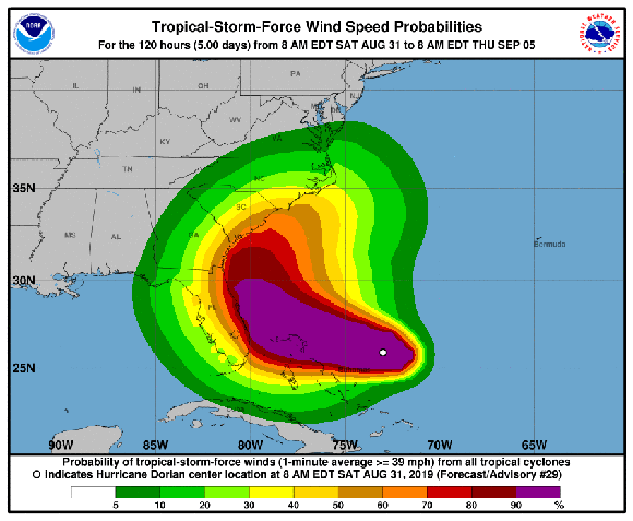 Con vientos mayores a los 210 km/h, Dorian se acerca a las costas de Florida. Foto: Reuters. Con vientos mayores a los 210 km/h, Dorian se acerca a las costas de Florida. Foto: Reuters.