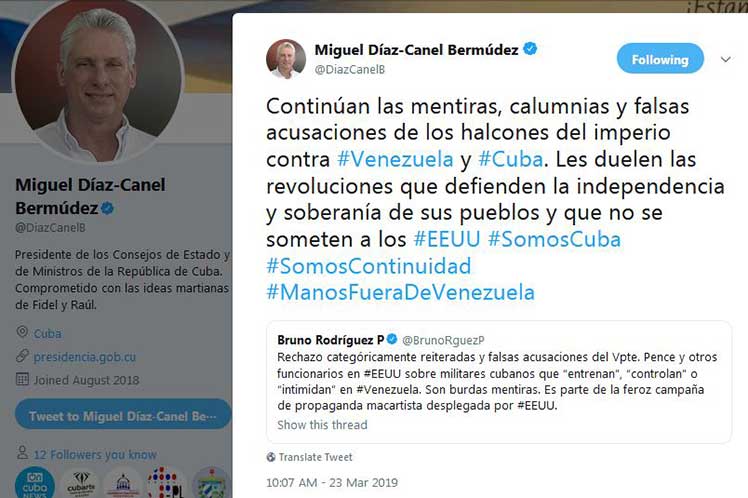 Continúa mentiras EE.UU. contra Venezuela y Cuba, afirma Díaz-Canel en twitter