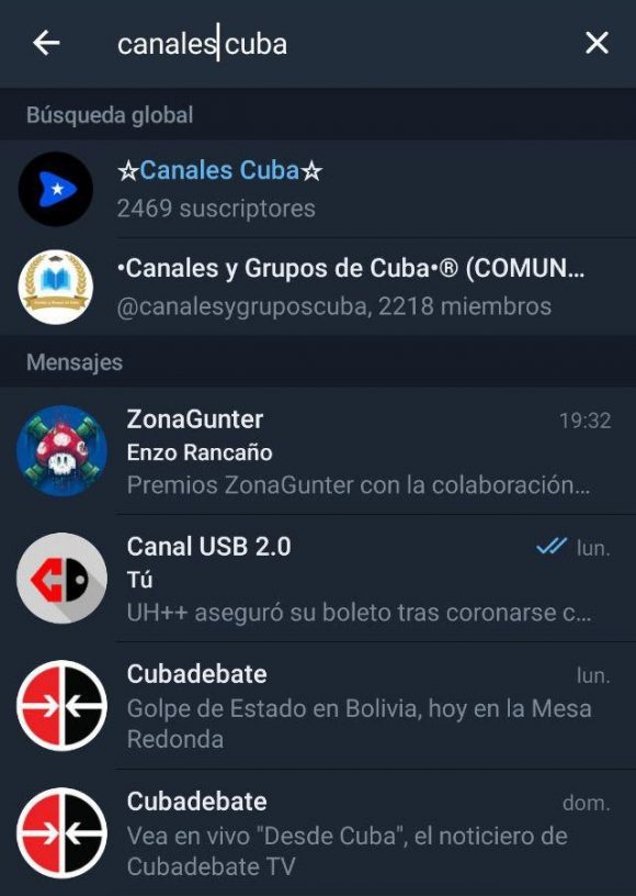 Además de los canales o grupos o personas que encuentres en tu búsqueda, también podrá ver mensajes donde las palabras clave coincidan.