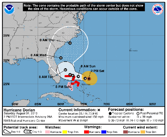 Con vientos mayores a los 210 km/h, Dorian se acerca a las costas de Florida. Foto: Reuters. Con vientos mayores a los 210 km/h, Dorian se acerca a las costas de Florida. Foto: Reuters.