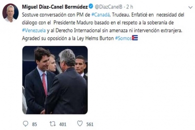 Presidente de Cuba dialoga con Primer Ministro de Canadá 