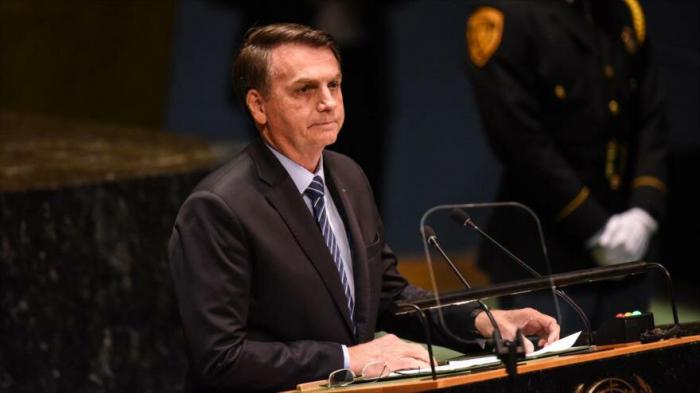 El presidente de Brasil, Jair Bolsonaro, habla en la Asamblea General de las Naciones Unidas, 24 de septiembre de 2019. Foto: Hispan TV
