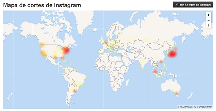 Mapa de cortes de Instagram. Fuente: downdetector.com