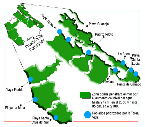 Mapa que refleja las zonas donde penetrará el mar por el aumento del nivel del agua hasta 27 cm en los próximos años en Camagüey