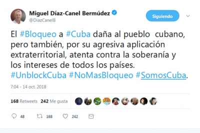 Afirmación de Miguel Díaz-Canel en Twitter sobre el bloqueo contra Cuba.