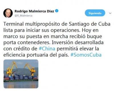 Mensaje de Rodrigo Malmierca sobre la nueva terminal multipropósito del puerto de Santiago de Cuba