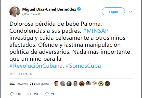 Díaz-Canel expresa condolencias a padres de bebé fallecida: 