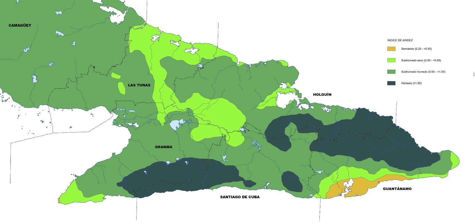 Mapa del índice de aridez (fragmento) tomado del Atlas Nacional de Cuba, edición LX Aniversario.